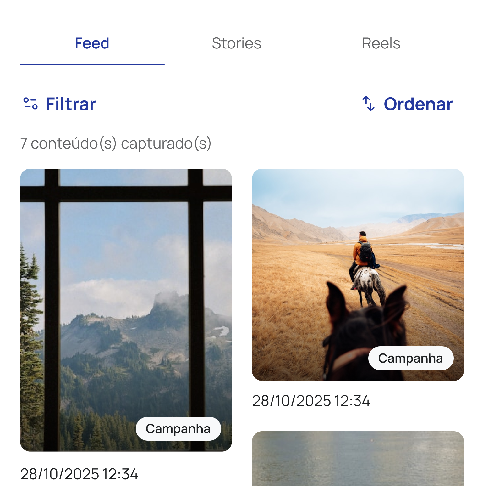 Seus posts capturados no app, separados por Feed, Stories e Reels